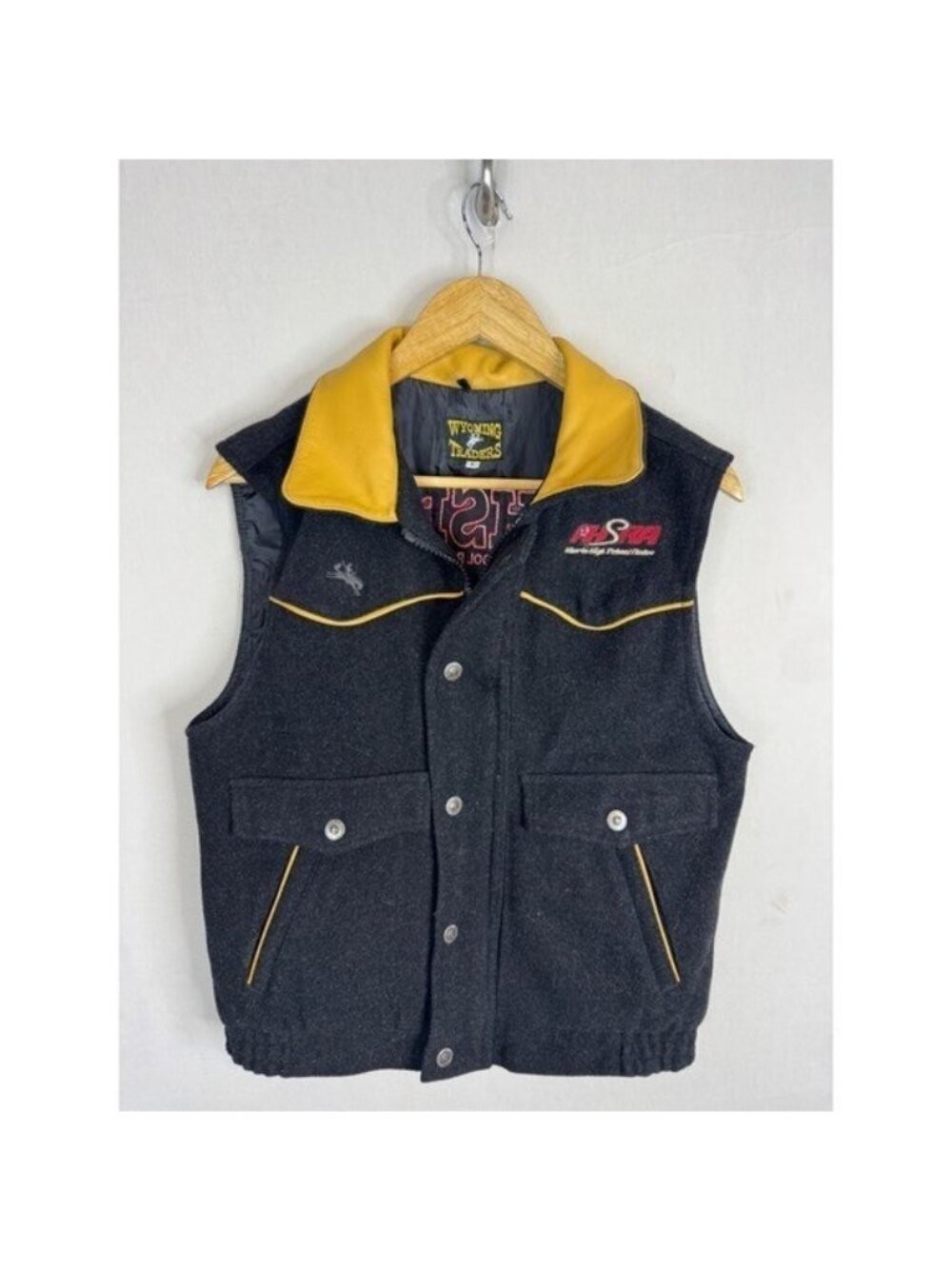 Wyoming Traders Mens Wool Western Vest Grey Yellow Leather AHSRA Rodeo Small